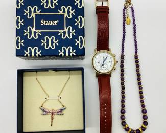 STAUER Automatic Leather Watch and Two Necklaces