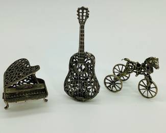 Sterling Silver 3-Dimensional Filigree Miniatures: Piano, Guitar, Rocking Horse
