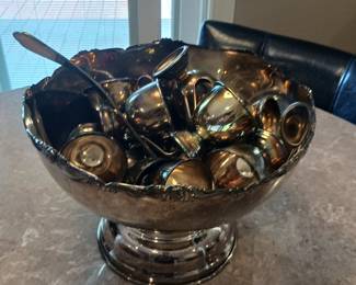 Silver plated punch bowl with cups and ladle