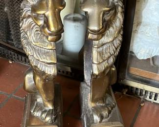 vintage English bronze lion andirons