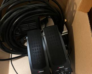 lots of electronics, including desk speakers