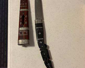 curved handle knife and scabbard with silver inlay