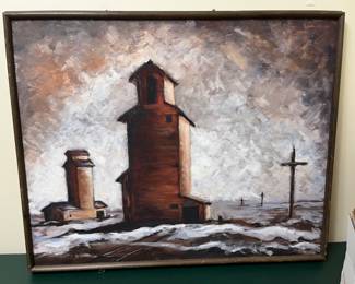 original painting - grainery / farm scene