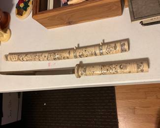 carved bone sword handle and "as is" scabbard (cracked)