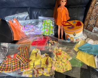 vintage Chrissy doll with custom wardrobe - lots of 70"s fabrics