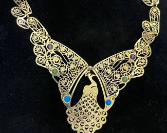 vintage gold filigree and peacock statement necklace3