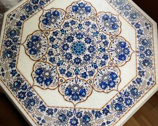 Agra India marble table with semiprecious stone and mother of pearl inlay - marble base