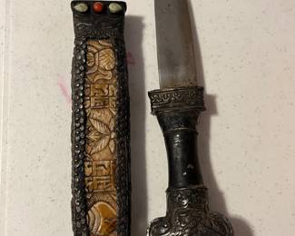 carved bone and metal knife scabbard