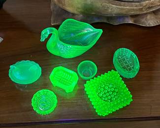 Uranium glass salt cellars, hobnail, swan 