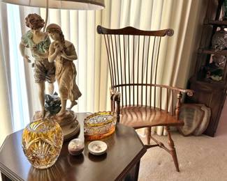 Frederick Duckloe & Brothers Windsor Comb back arm chair, Moreau signed cast Spelter lamp