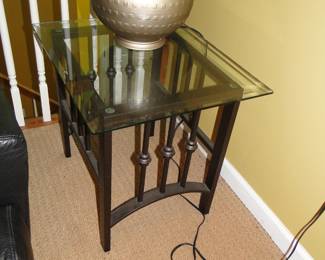 Iron and glass side tables two of these and two metal lamps