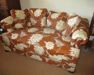 Mid Century Brown & White Floral Sofa