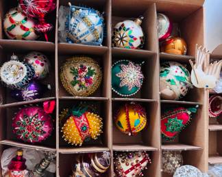 Many, many stunning handmade beaded Christmas ornaments from the 1960s and 1970s... the details on these ornaments are some of the best we've ever seen