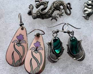 Vintage marcasite dragon pin with red eyes, sterling silver bohemian earrings, vintage "Wild Iris" earring by Laurel Burch