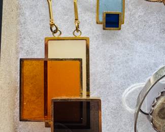Vintage stained glass necklaces with geometric, Art Deco design