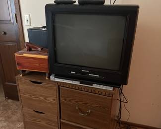 Tube TV, file cabinets, shoe shine kit