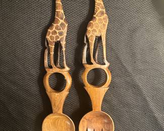 Teak Wood Giraffe Salad Spoons