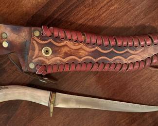 Alaska Skrimshaw Bone Knife w/Sheath, Signed