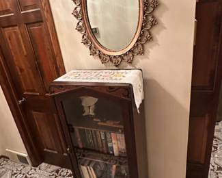 Vintage gilt gold framed mirror and bookcase with glass door