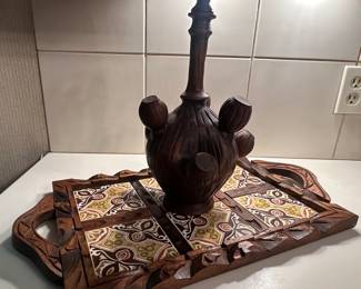 Tray, decanter with shot glasses