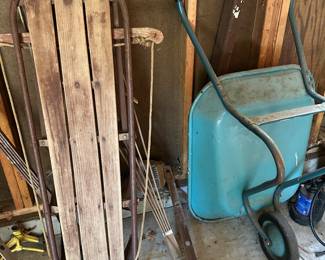 Vintage Sled, Aqua Wheelbarrow