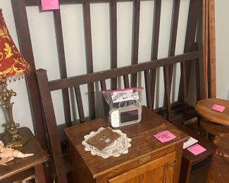 Full size, antique bed and small oak reproduction icebox