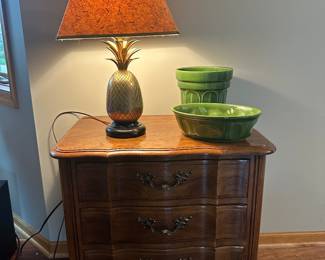 Side Table, Brass Pineapple Table Lamp, and Hager Pottery Planters