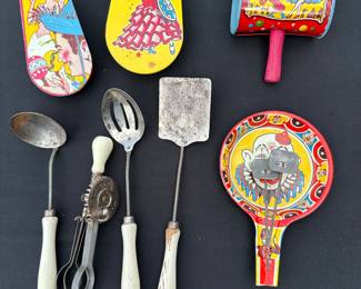 Vintage noisemakers, kitchen utensils