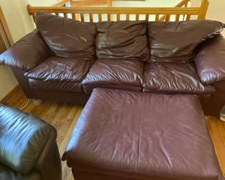 Burgundy Leather Sofa and Ottoman 