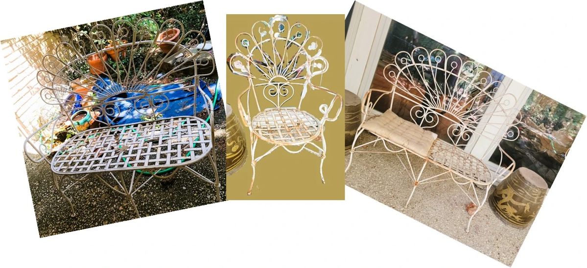 Antique iron patio furniture set Peacock Settees (2) and chair