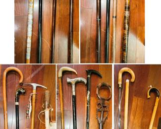 Walking Canes decorated with carvings and silver -  some with hidden swords, vials and compass