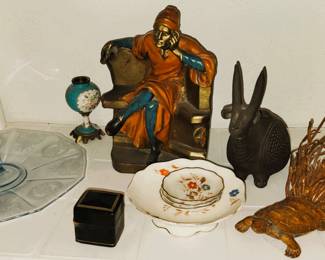 Metal Sculpture, French mini Urn, Turtle Brush and mini playing cards