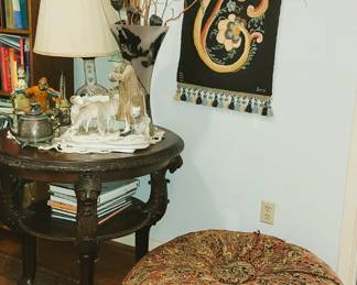 Large "puff", carved side tables and art