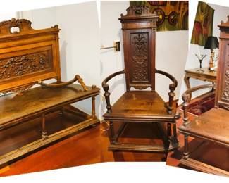Victorian carved wood settee with 2 matching side chairs