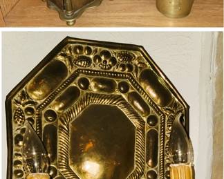 Antique brass: wall sconce, coffee grinder and mortar pestle 
