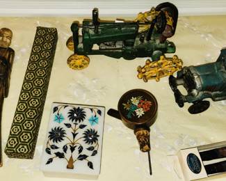 Antique Oriental Figures, chopsticks - old metal cars - Sabra candles