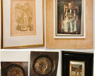 Copper in wood art, old etching and oil portrait