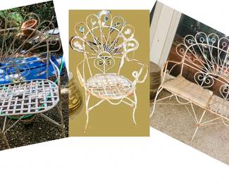 Antique iron patio furniture set Peacock Settees (2) and chair