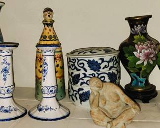 Home Decor: Italian pottery - Cloisonne Urns, small sculpture, blue and white, Zsolnay Eosin green Iridescent Tower Cow Fountain