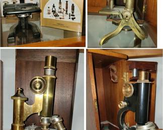 Antique, early 1900s Microscopes in wood cases