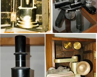 Antique, early 1900s Microscopes in wood cases