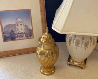 Porcelain Lamp, Brass Lamp And Picture