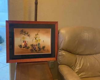 Lovely Asian Print, Metal TorchiereLamp, And Woodside Table