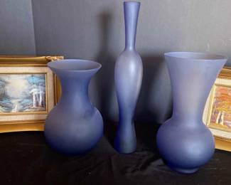 Two Small Vintage Oil On Canvas Paintings And Three Italian Made Vases