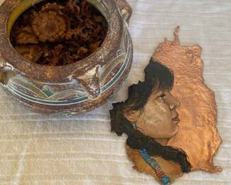 Signed Native Copper Piece And Desert Style Pottery