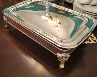 Silver plate chaffing dish with cover and glass dish insert