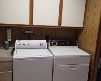 Whirlpool washing machine & ELECTRIC dryer; laundry room cabinets