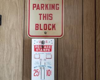No Parking sign; vintage postage stamp vending machine