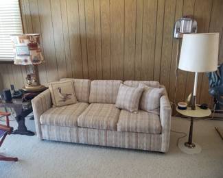 Cozy couch; floor lamp; end table