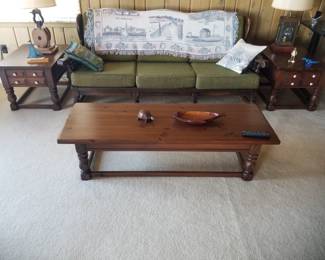 Sturdy sofa; two matching end tables & coffee table